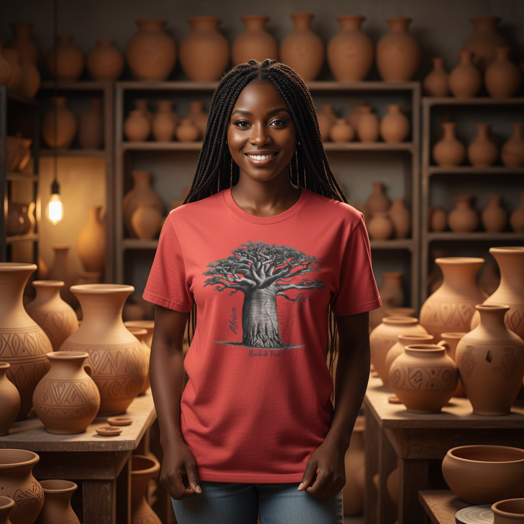 Gorgeous Black woman wearing paprika baobab t-shirt at African pottery studio
