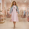 Gorgeous blonde with long curly hair in pink colorful hearts midi dress with denim jacket and ankle boots in pink boutique