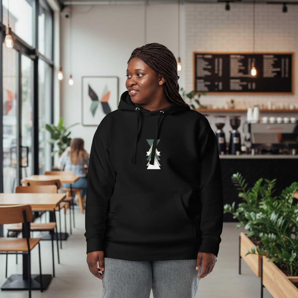 Gorgeous woman in black hoodie with geometric triangles