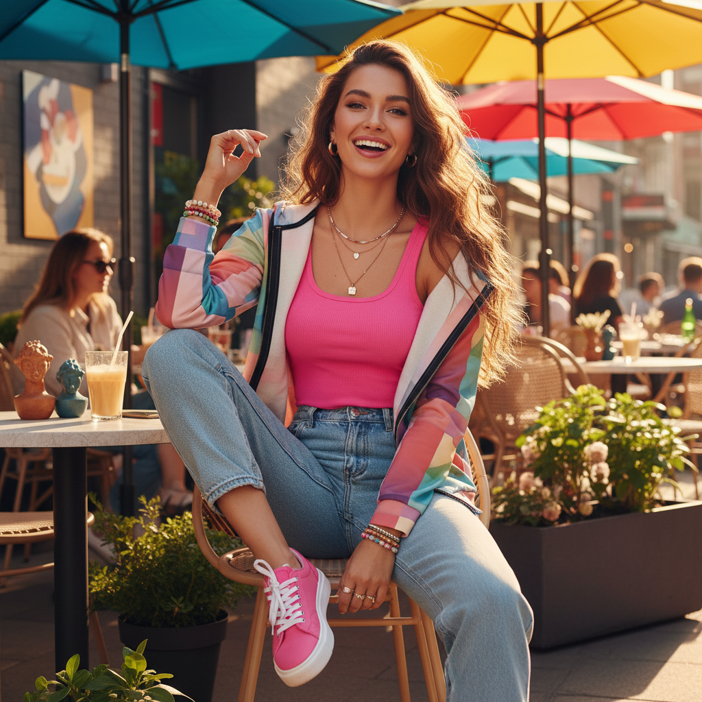 Gorgeous woman in open colorful zip hoodie with pink tank and blue jeans at café