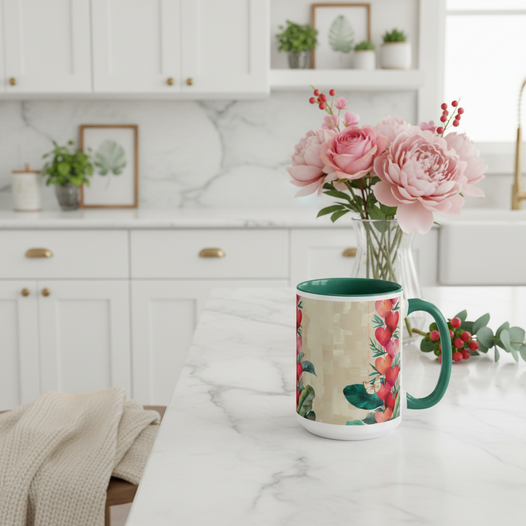 Green hearts mug in kitchen