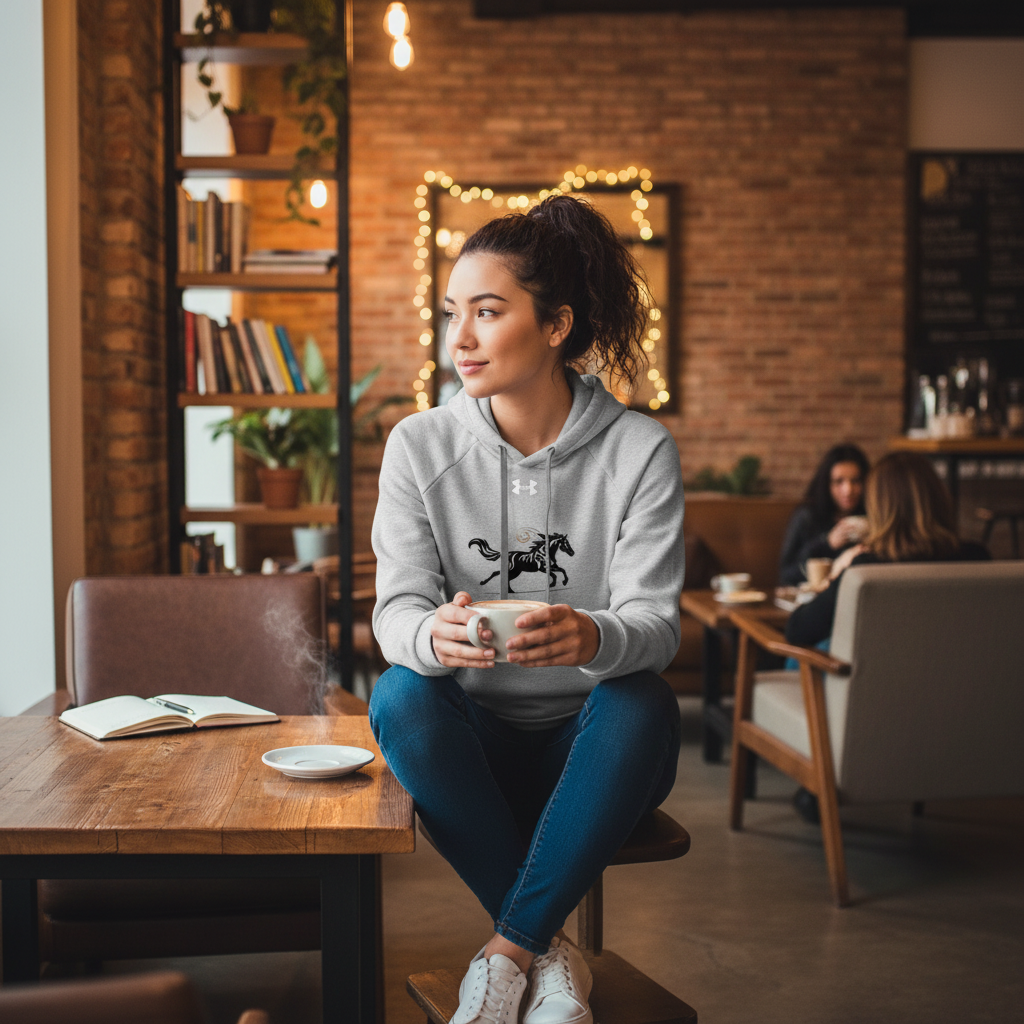 Stylish woman in grey Under Armour hoodie featuring unique horse design - Luxury branded hoodie for nature lovers and free spirits