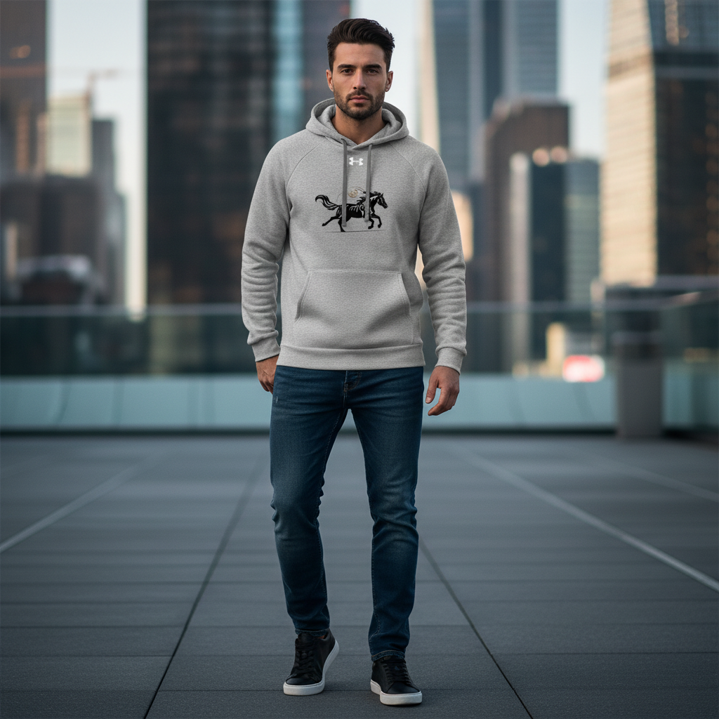 Man wearing grey Under Armour hoodie with original Wild Horse design - Premium branded men's sportswear with running horse motif