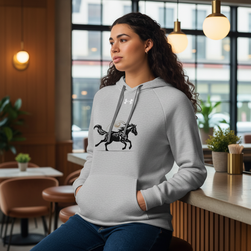 Stylish woman in grey Under Armour hoodie featuring unique horse design - Luxury branded hoodie for nature lovers and free spirits
