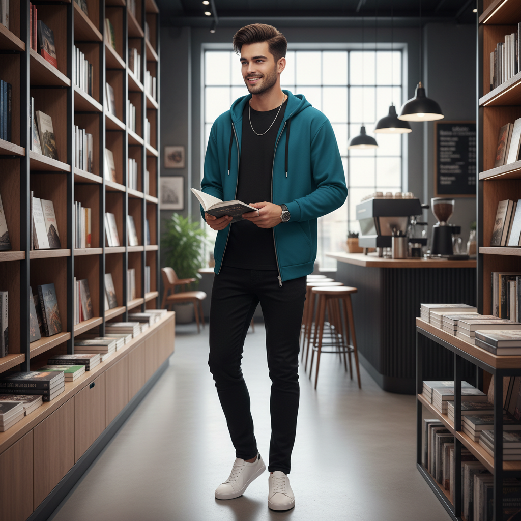 Handsome man in teal zip hoodie with black pants in bookstore café