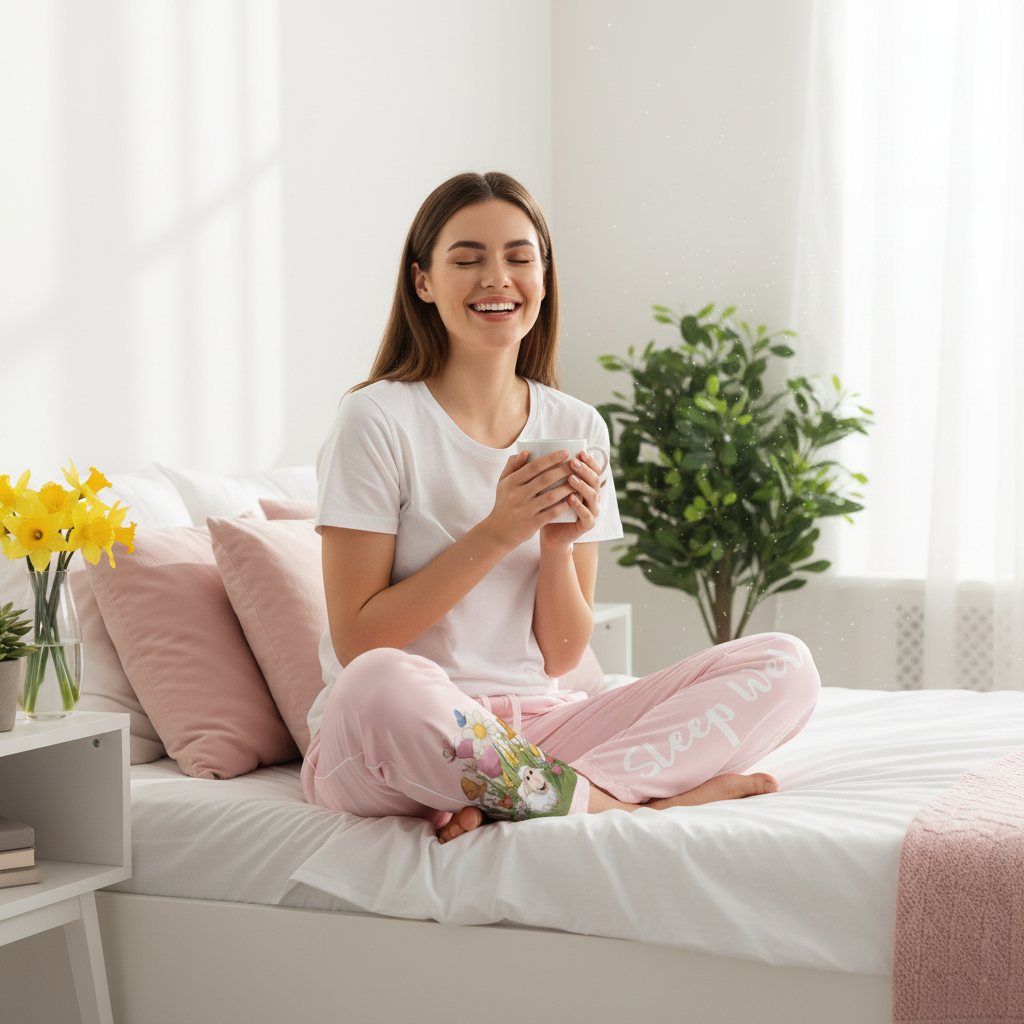 Happy woman in light pink sheep pajama pants with design on lower leg sitting on bed with coffee in bright spring bedroom