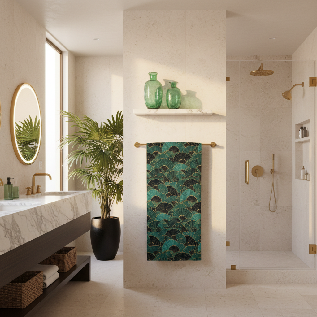 High-end spa bathroom with luxury towel display