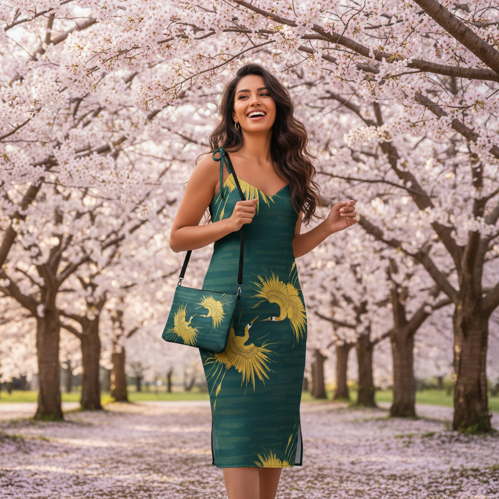 Hispanic woman in golden crane dress among cherry blossoms with matching bag