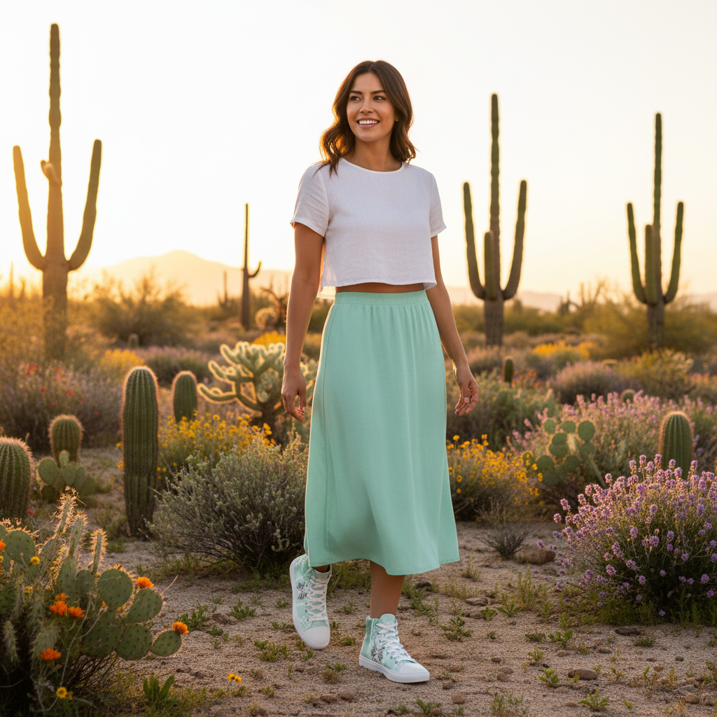 Hispanic woman in mint outfit with matching geometric sneakers desert golden hour
