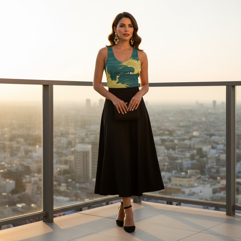 Hispanic woman in teal crane tank top black midi skirt heels rooftop golden hour