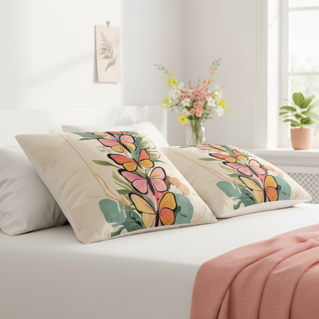 Intimate bedroom styling with two square butterfly pillows featuring watercolor design
