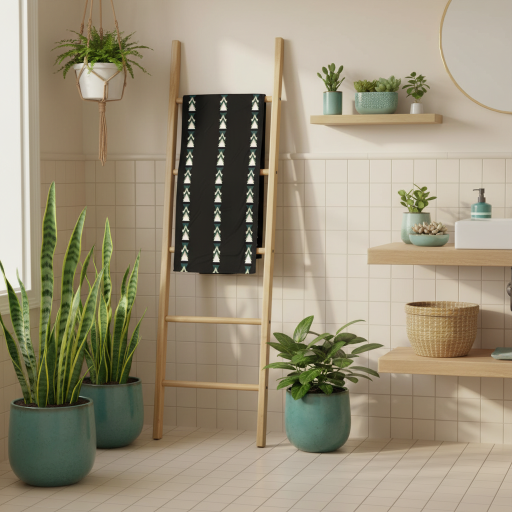 Inviting bathroom with geometric towel on wooden ladder and potted plants