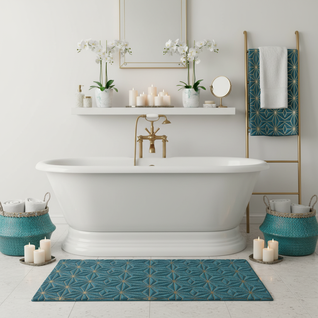 Inviting spa bathroom with geometric towel, clawfoot tub, multiple candles and orchids
