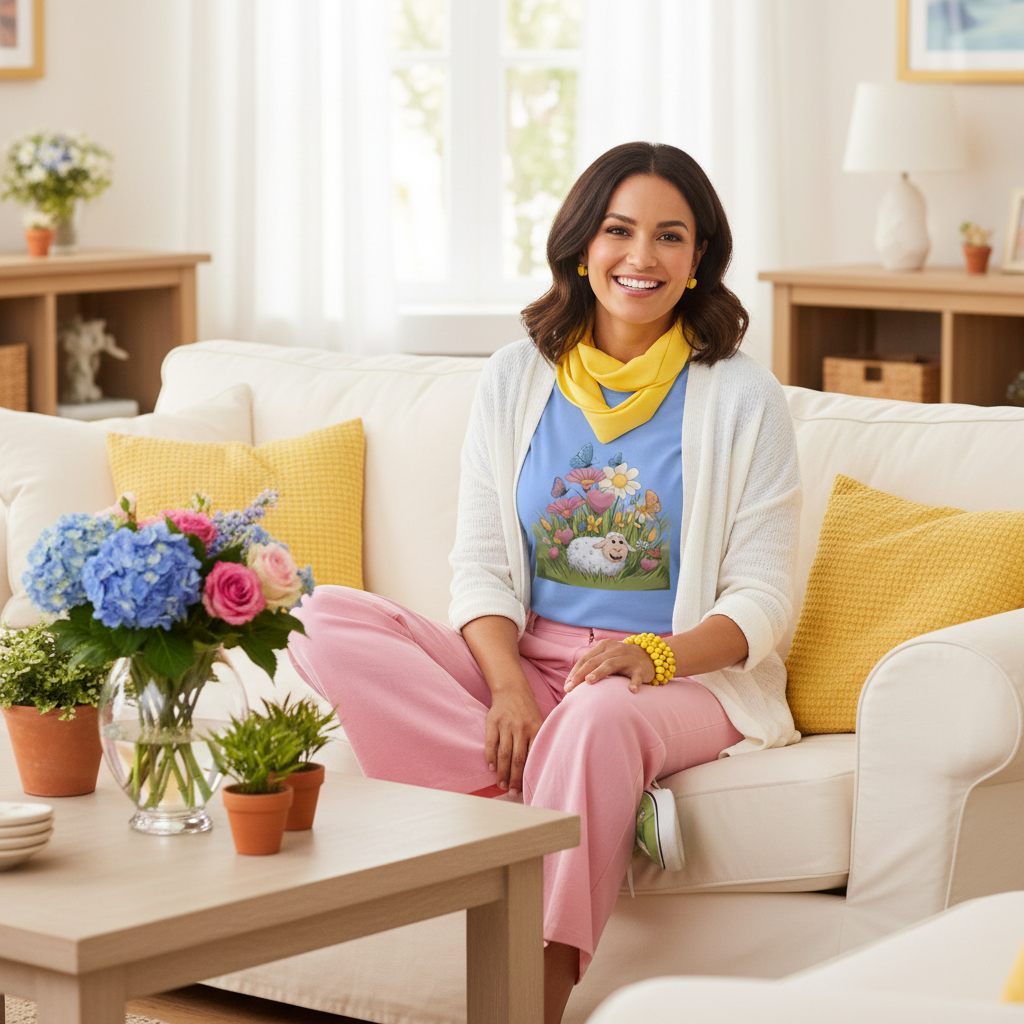 Joyful woman in carolina blue tee with white cardigan, pink pants and colorful accessories in bright spring living room with blue, pink, yellow and green decor