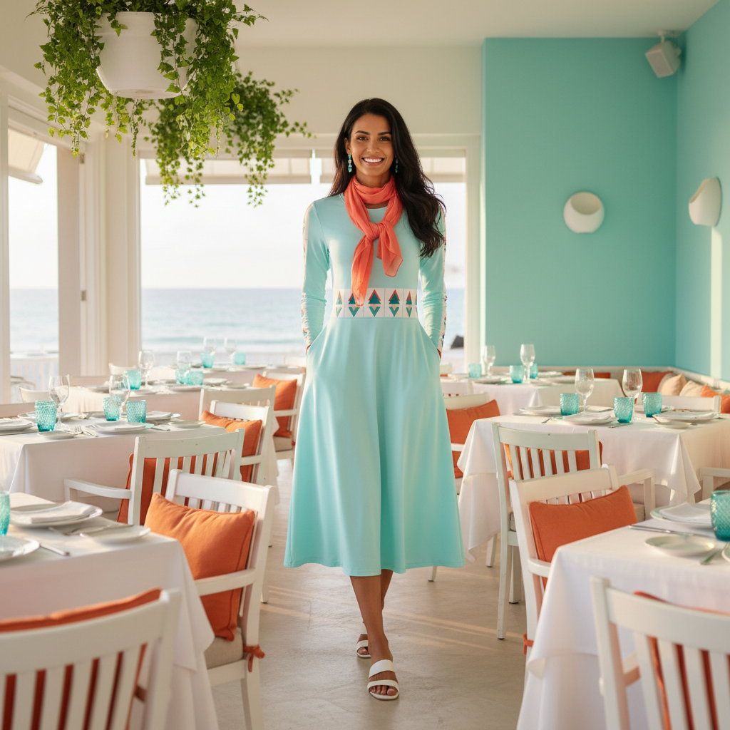 Joyful woman in turquoise geometric dress with triangle pattern bands, white sandals and coral scarf in coastal restaurant with matching turquoise accent wall
