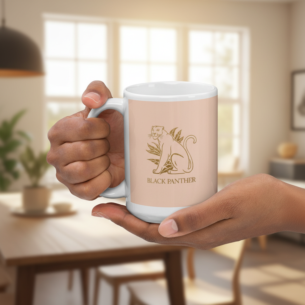 Large white mug with gold Black Panther design in square lifestyle photo