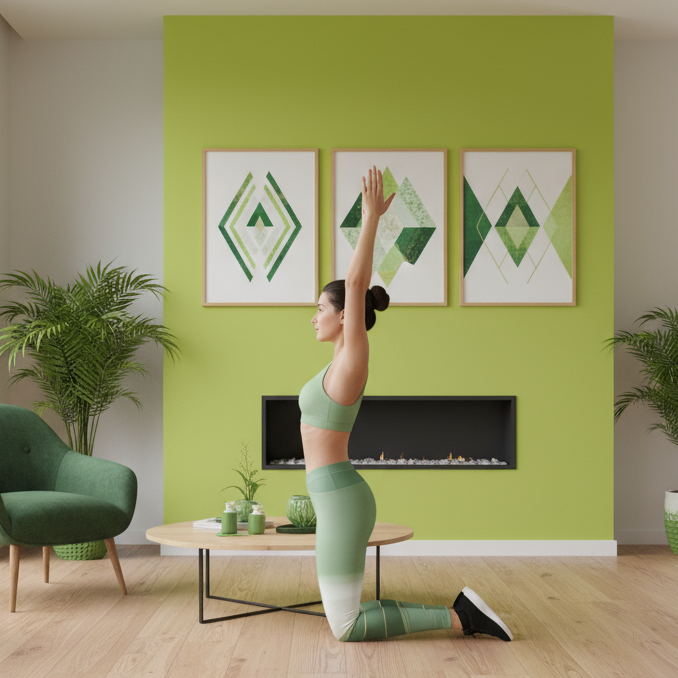 Green yoga leggins. Woman in beautiful green white room with flower train yoga. Amazing geometric framed posters green color