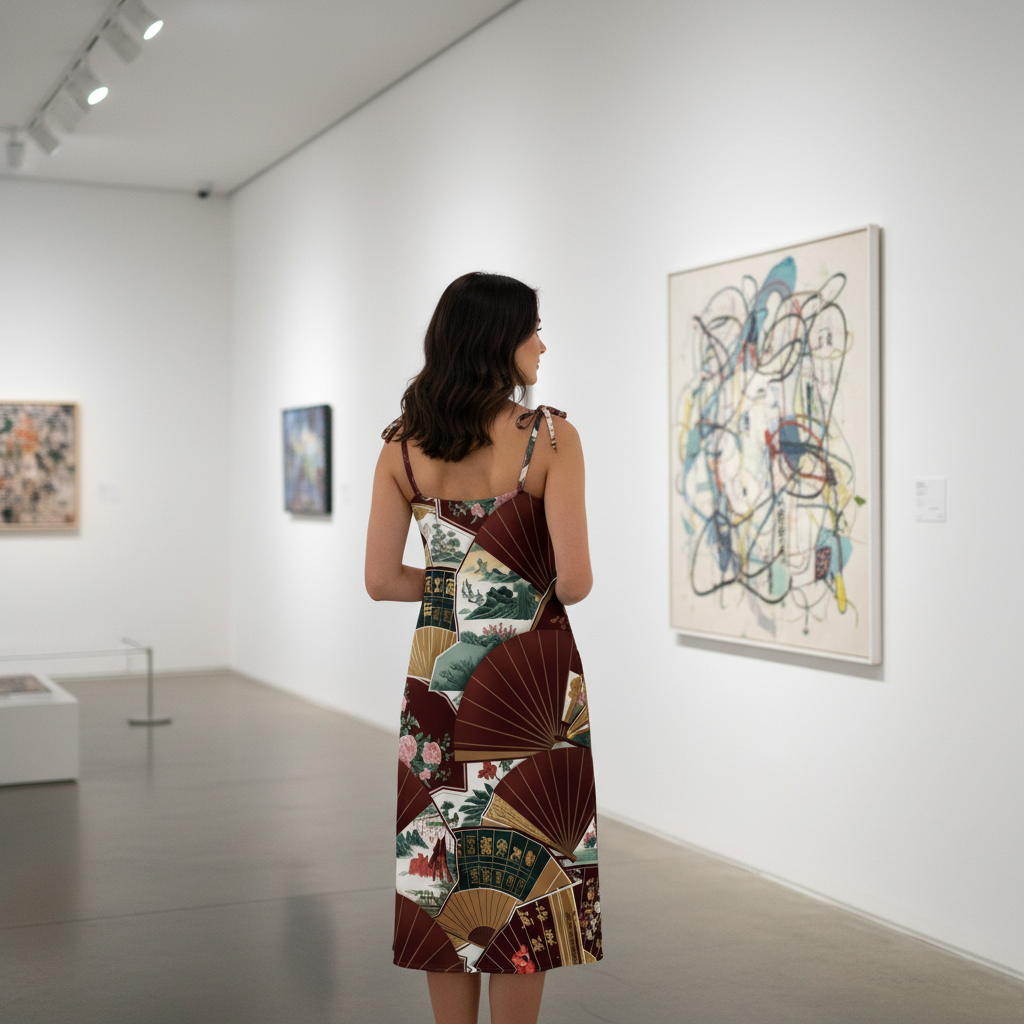 Chinese Fans Tie-strap midi dress - Zen garden lifestyle photography with Asian elegance and minimalist aesthetic
