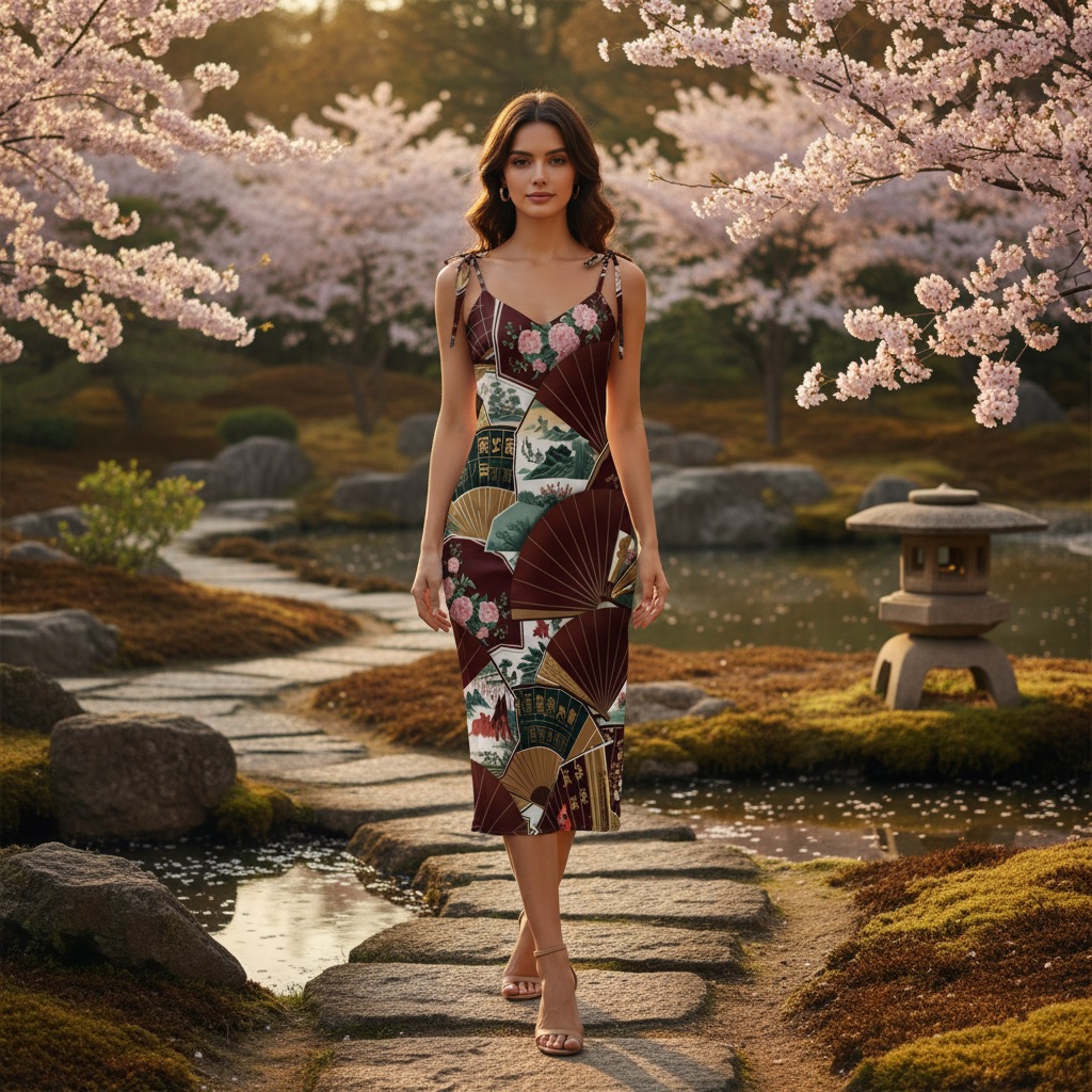 Chinese Fans Tie-strap midi dress - Zen garden lifestyle photography with Asian elegance and minimalist aesthetic

