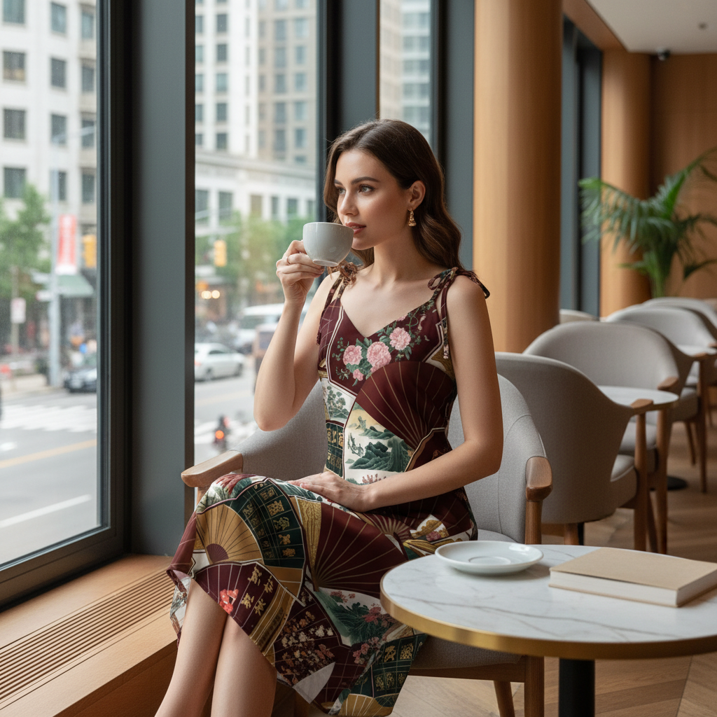 Chinese Fans Tie-strap midi dress - Elegant Asian
