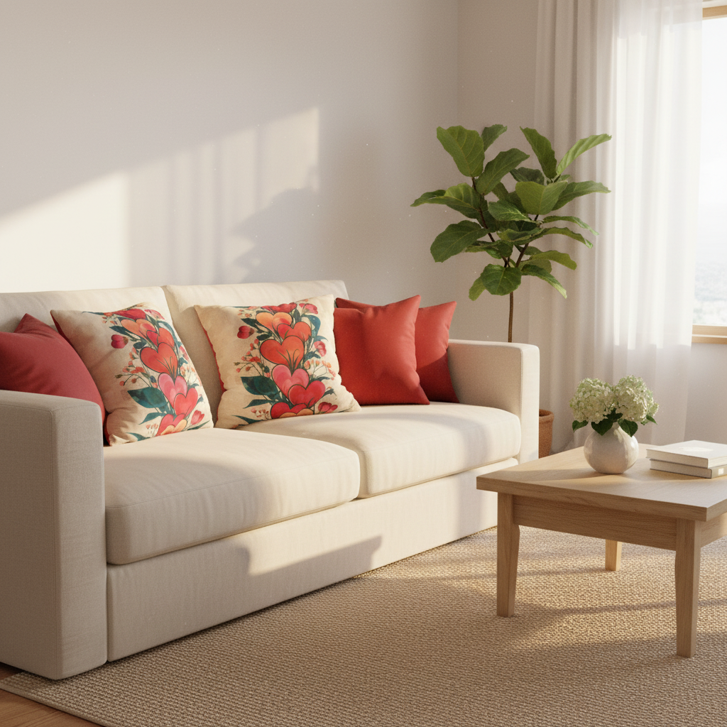 Light-filled living room with floral heart pillows