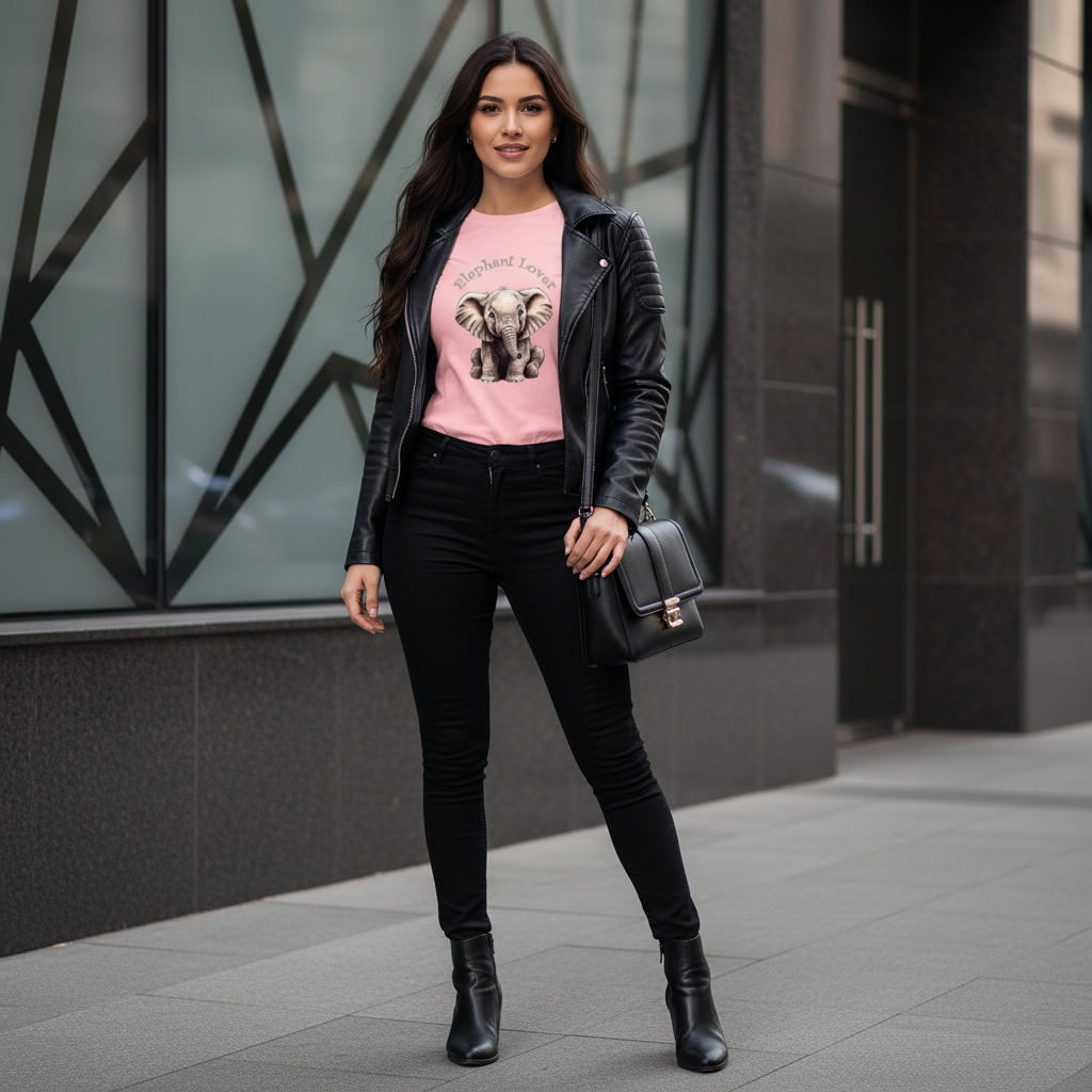 Light pink elephant t-shirt black pants leather jacket boots bag edgy sophisticated