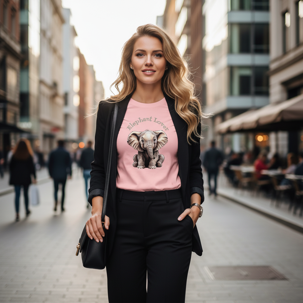 Light pink elephant t-shirt black wide-leg trousers blazer boots bag modern chic