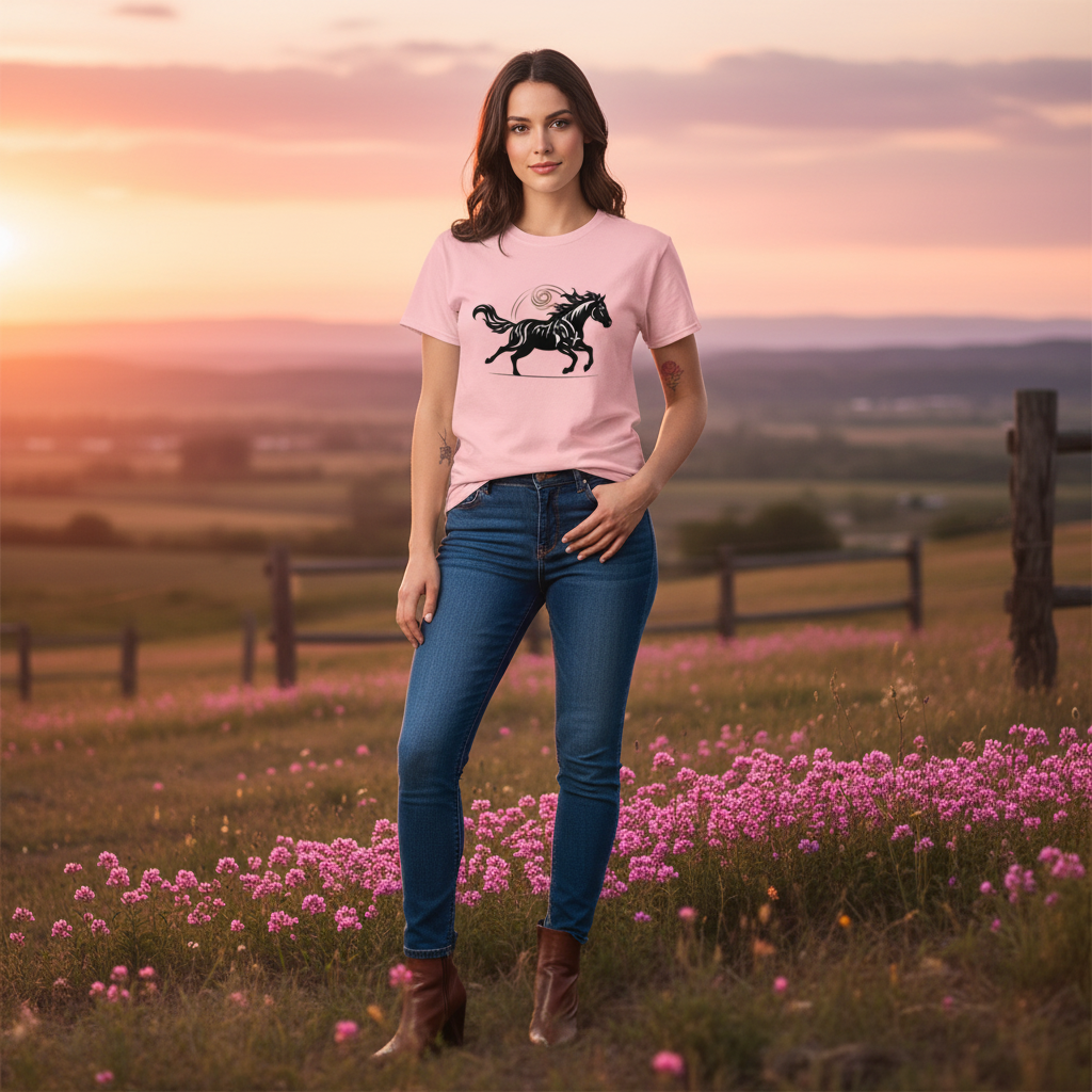 Light pink Wild Horse t-shirt with black horse graphic - Romantic ranch lifestyle apparel for nature enthusiasts