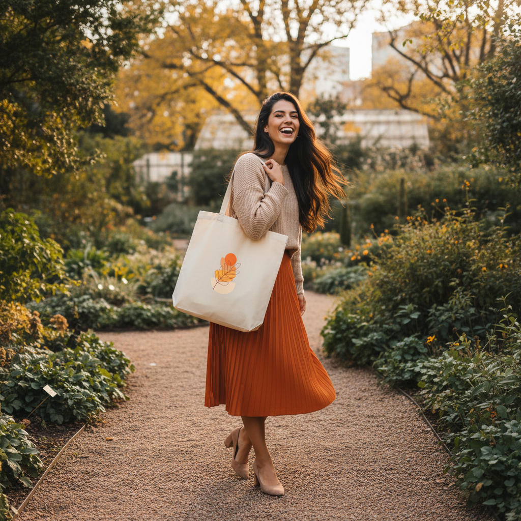 Lively dark hair woman beige knit sweater orange pleated midi skirt nude heels oyster autumn tote bag botanical garden cheerful