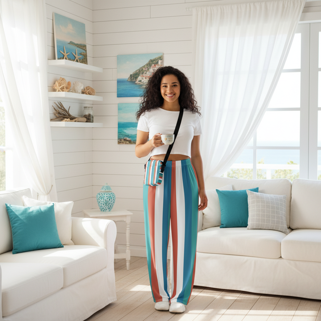 Lovely curvy woman in striped wide leg pants with white crop top and crossbody bag in Italian coastal living room