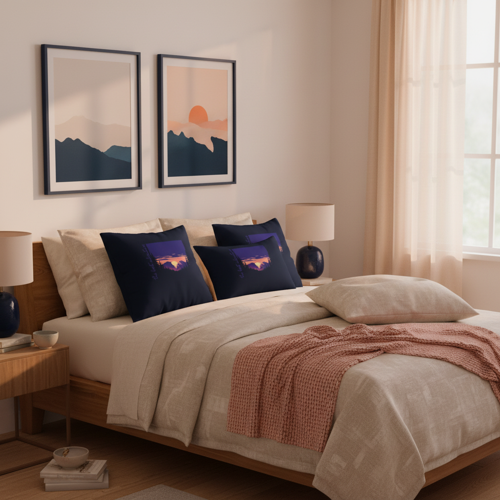 Luminous bedroom with navy framed art