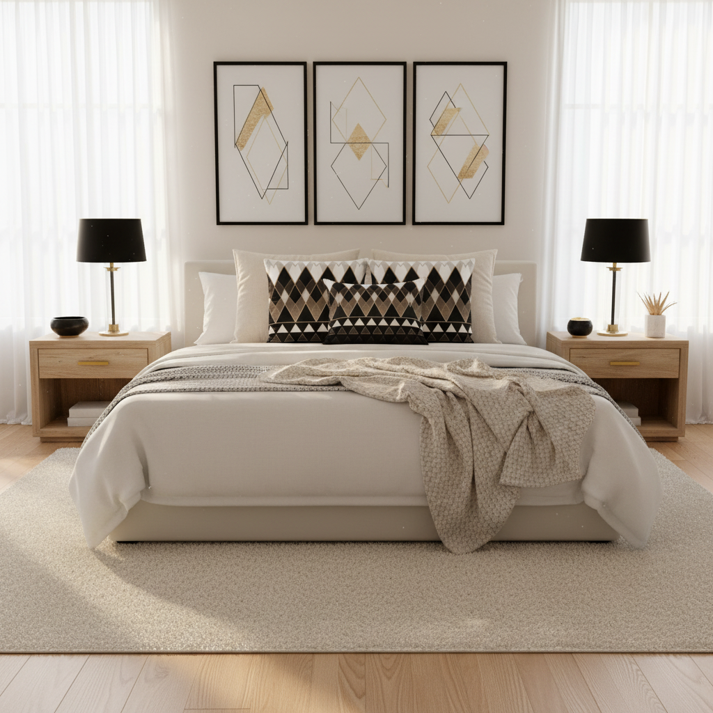 Luminous bedroom with tribal pattern pillows