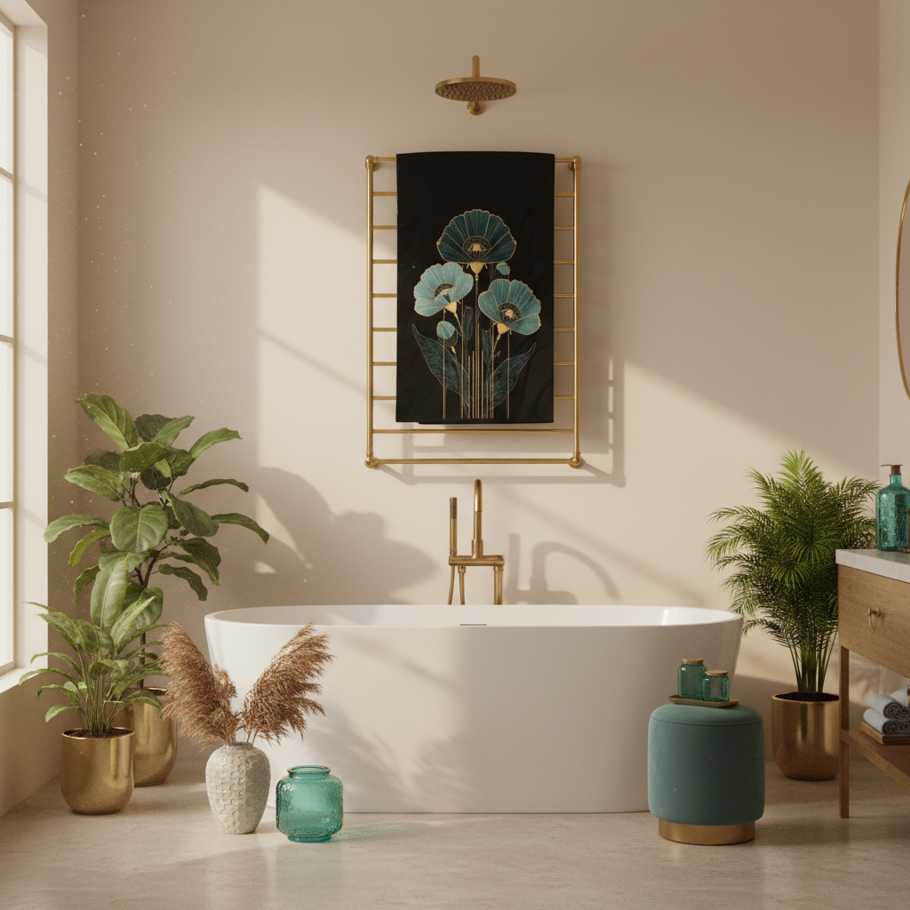 Luxurious bathroom with black teal gold floral beach towel fully displayed on gold rack