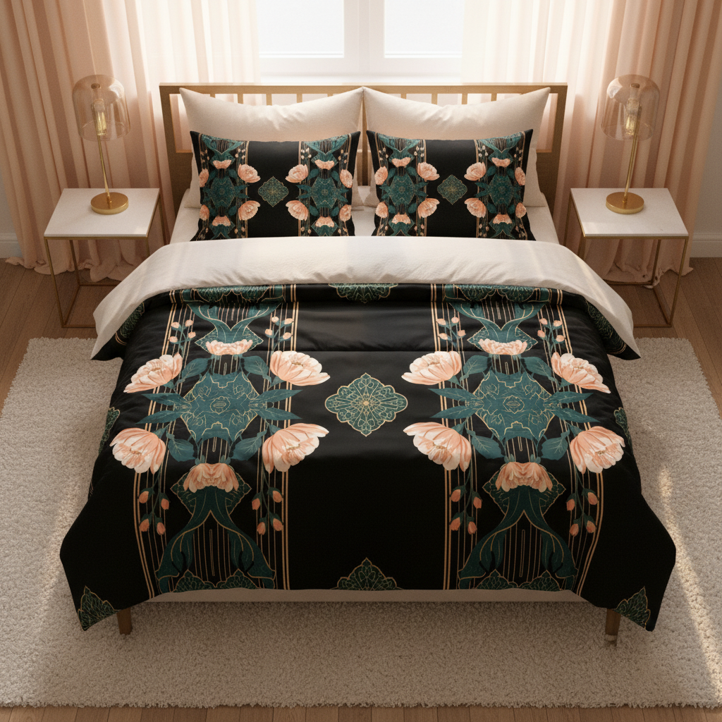 Luxurious bedroom from above with black comforter showing peach flowers teal foliage gold geometric design