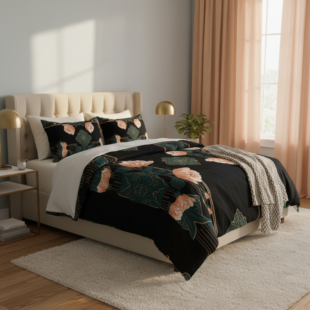 Luxurious bedroom from above with black peach teal gold floral comforter design