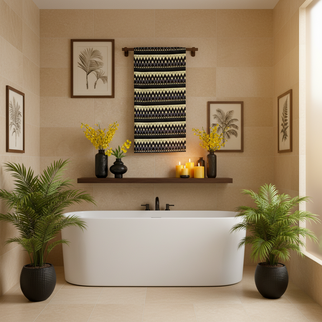 Luxurious beige botanical spa bathroom with black yellow geometric triangle towel