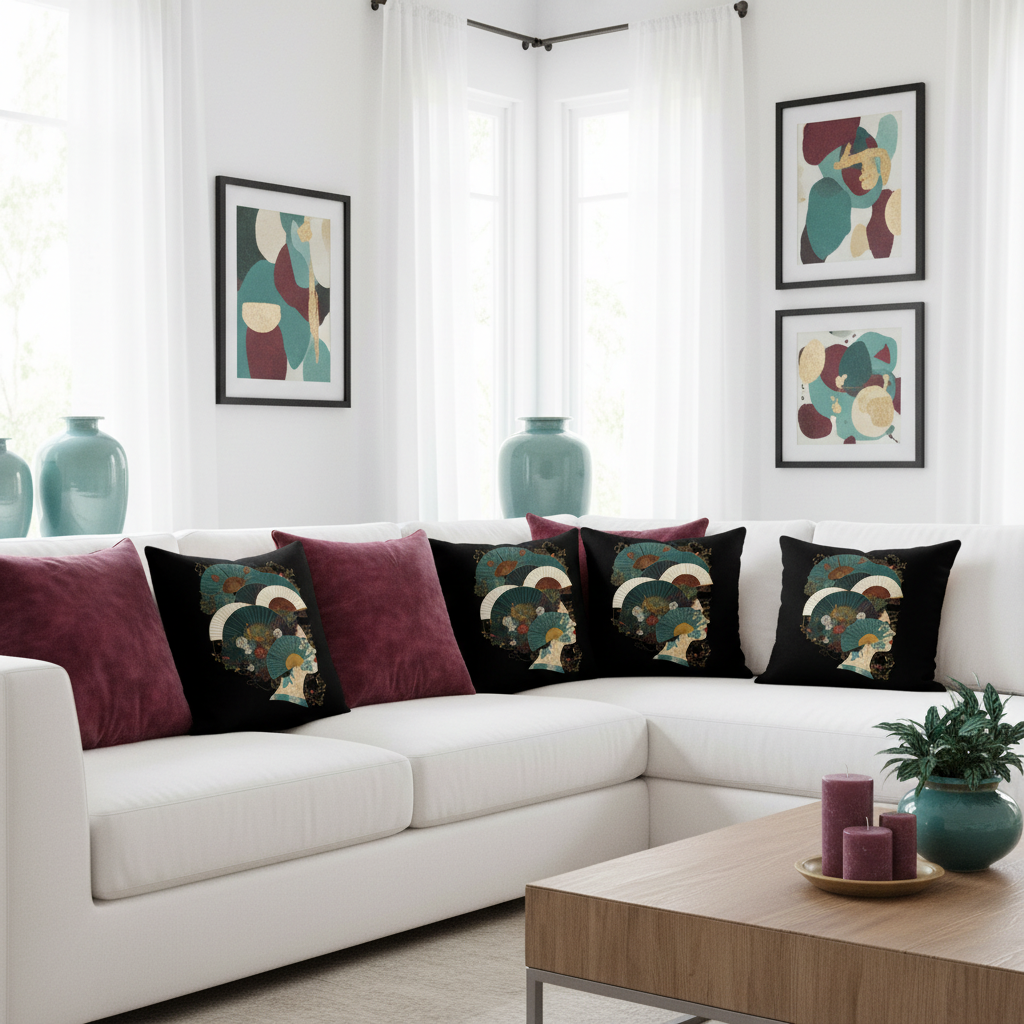 Luxurious bright white living room with white sectional sofa, black pillows with teal green cream Japanese fan pattern, white flowing curtains, teal vases, burgundy velvet pillows, black frames with teal and burgundy art, burgundy candles