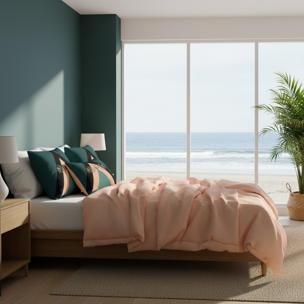 Luxurious coastal bedroom with dark teal walls and geometric botanical pillows