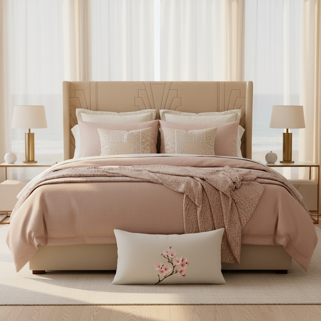Luxurious coastal bedroom with sakura pillow