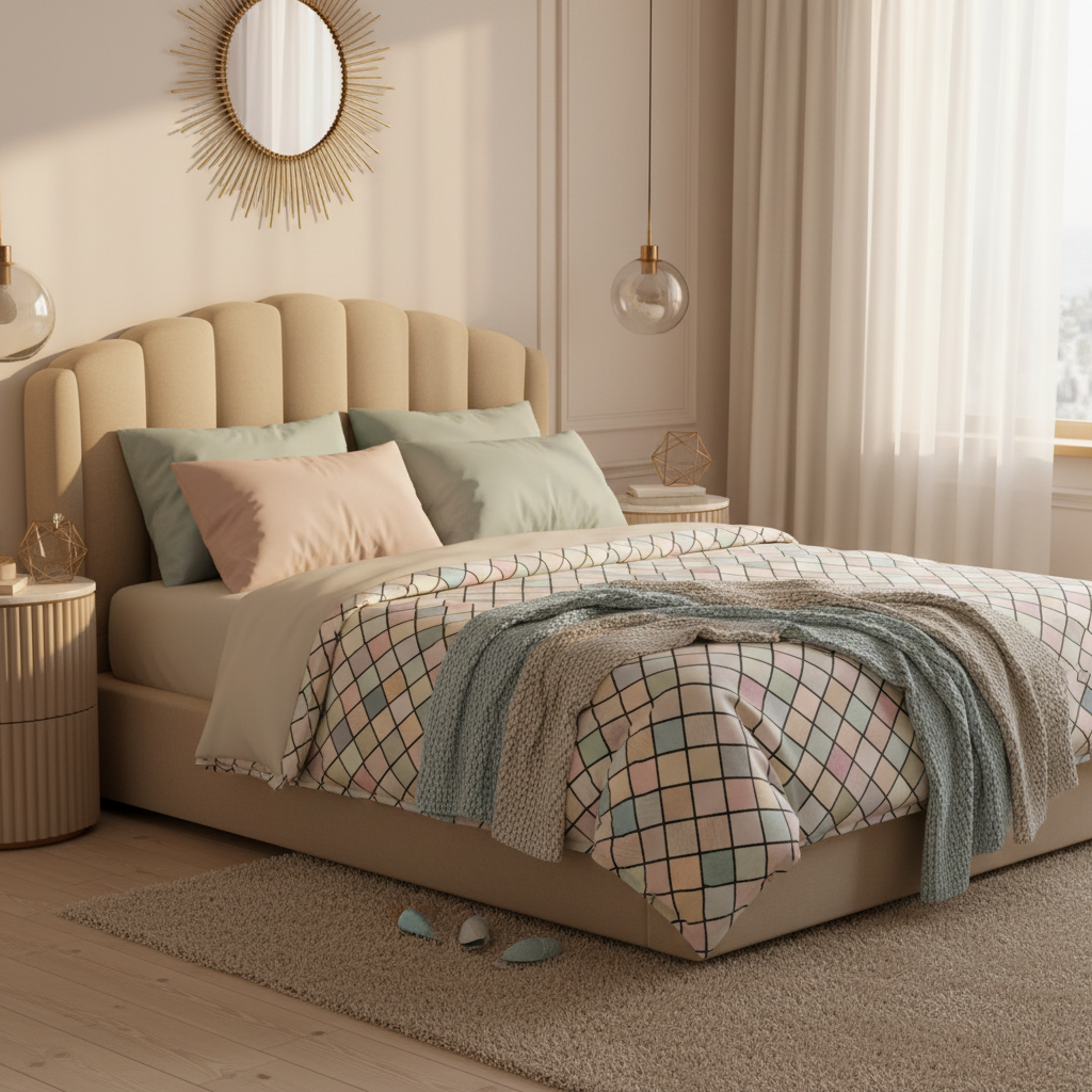 Luxurious cozy bedroom with colorful squares duvet cover beautifully made