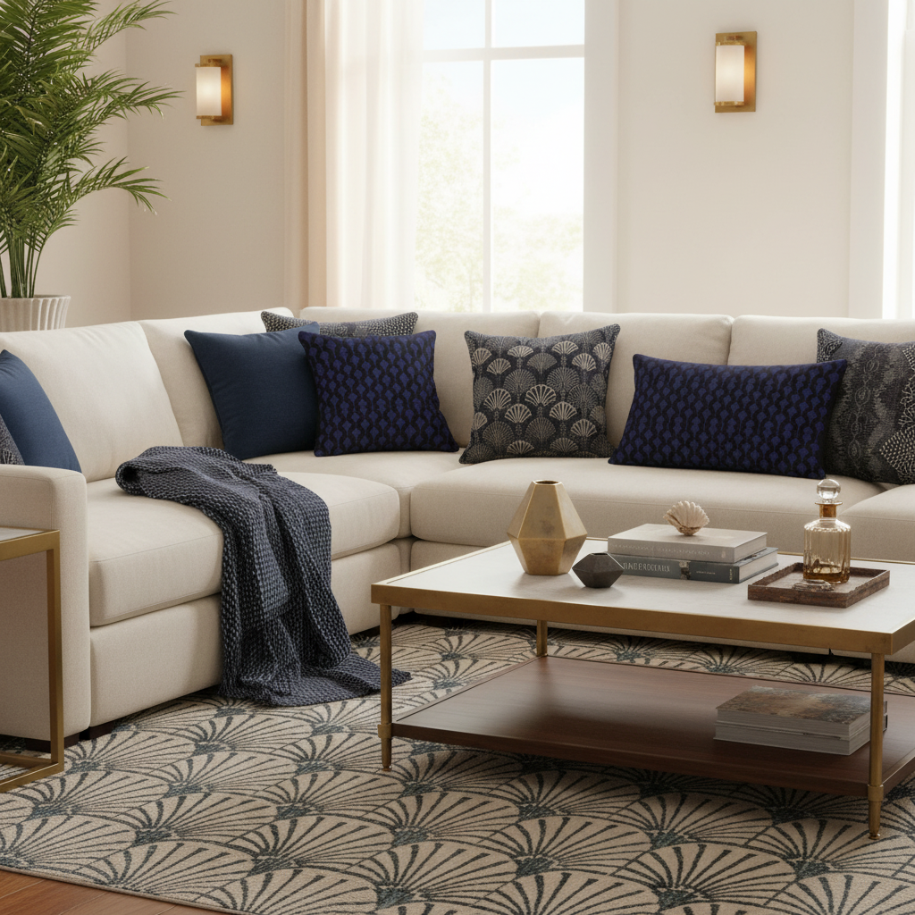 Luxurious cozy living room with Art Deco pillows in deep blue and black, warm golden hour lighting