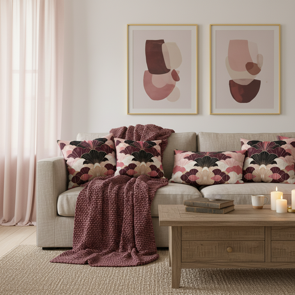 Luxurious cozy warm living room with beige linen sofa, burgundy beige pink art deco pillows, pink curtains, burgundy and pink abstract artwork in elegant frames, warm lighting