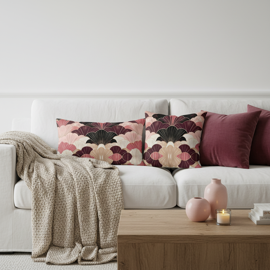 Luxurious cozy warm living room with white sofa featuring burgundy beige pink geometric fan pattern pillows, beige throw, burgundy cushions, pink vases, warm lighting