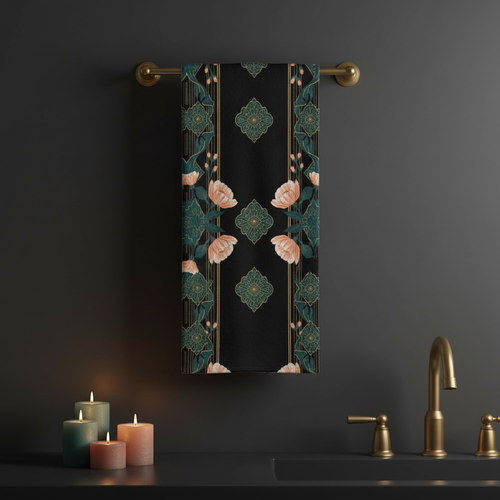 Luxurious dark bathroom with black peach teal gold botanical beach towel on brass bar