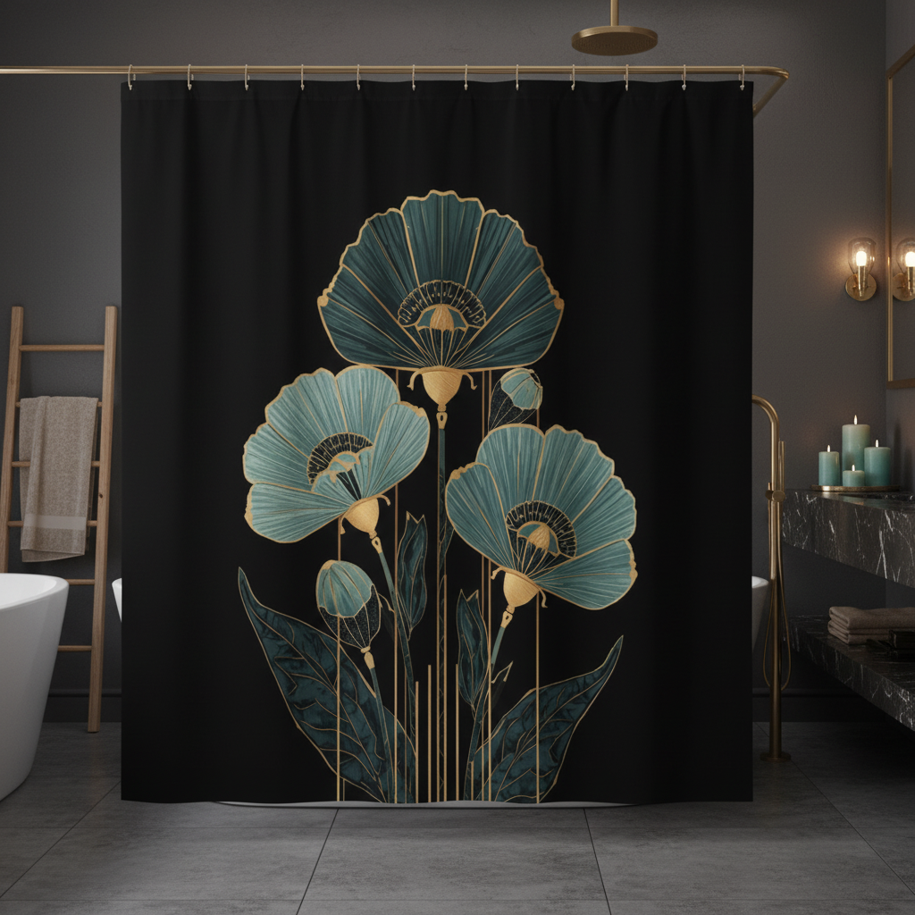 Luxurious dark bathroom with charcoal walls and black teal gold floral shower curtain