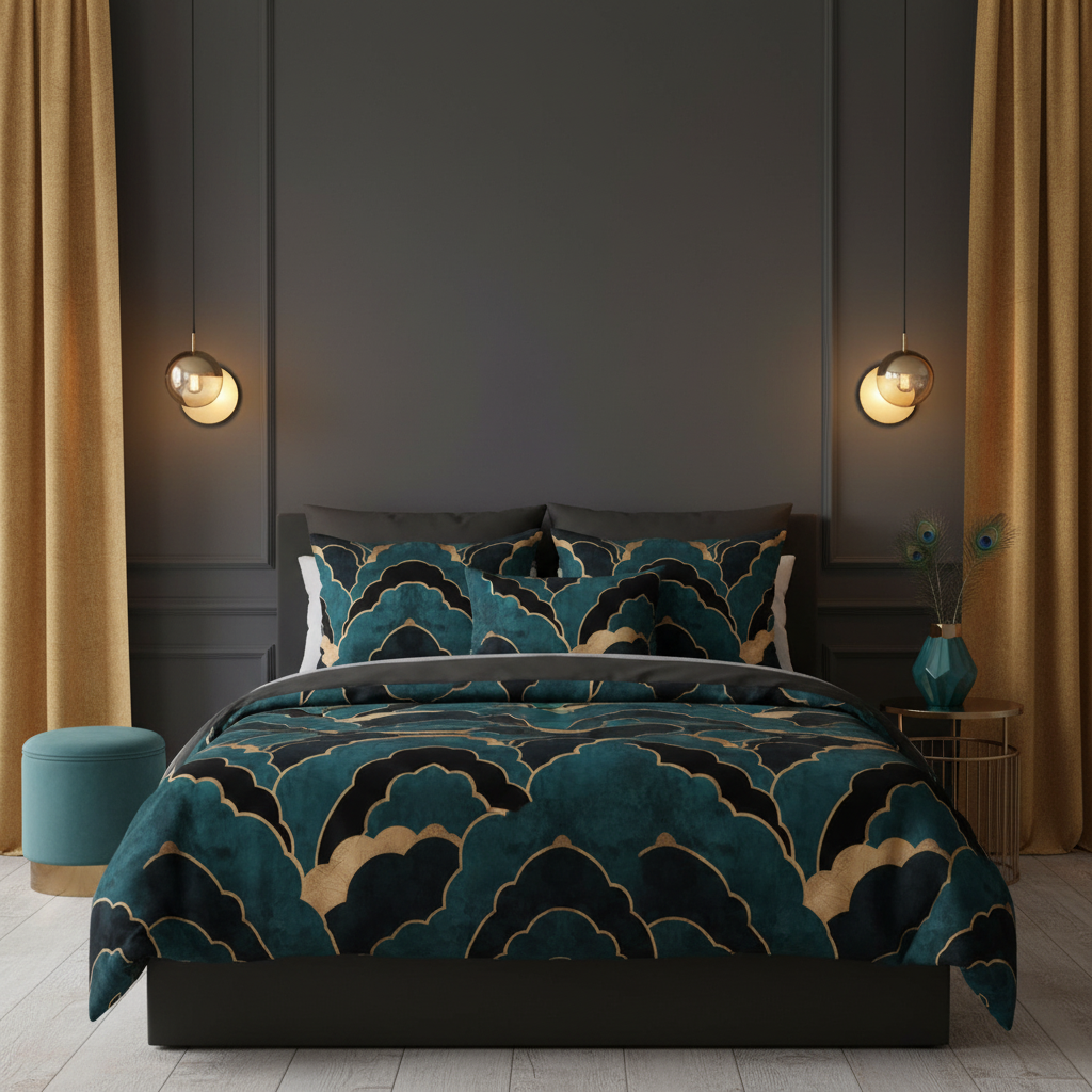 Luxurious dark bedroom with Art Deco teal black and gold bedding, gold curtains and charcoal walls