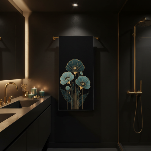 Luxurious dark black bathroom with teal gold floral beach towel on gold rack with dramatic lighting