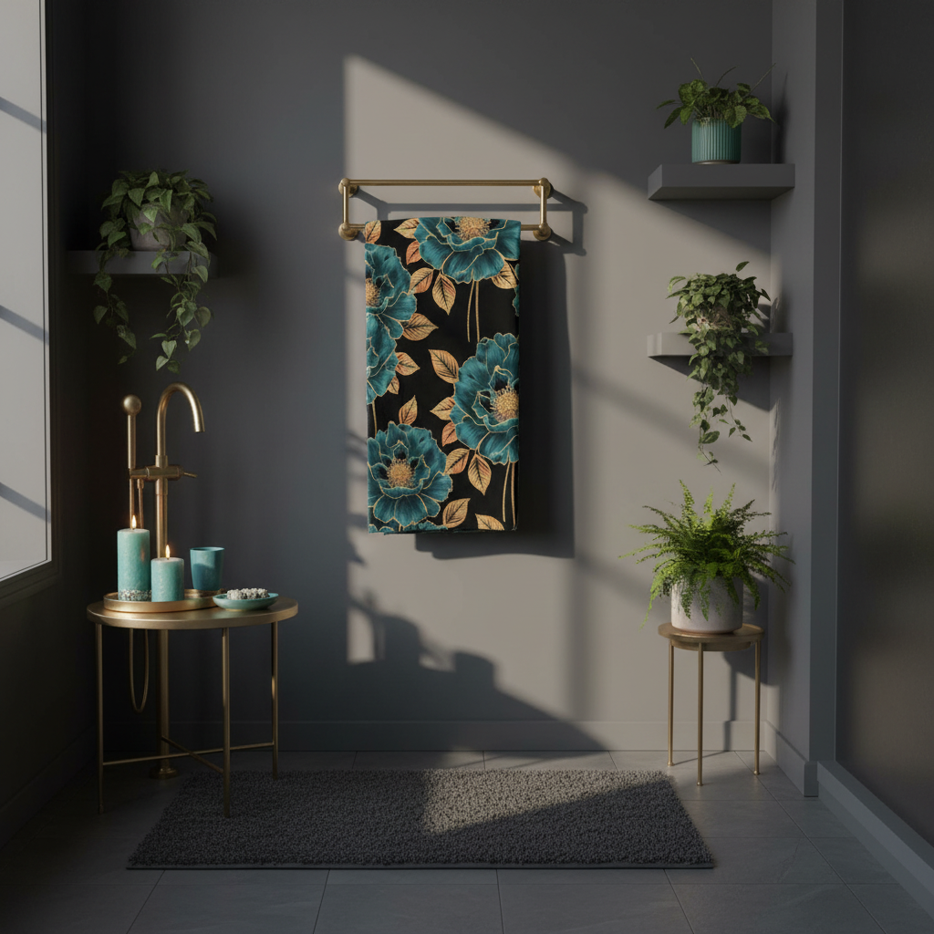 Luxurious dark cozy bathroom with teal and gold floral towel on gold rack with multiple decorative accents