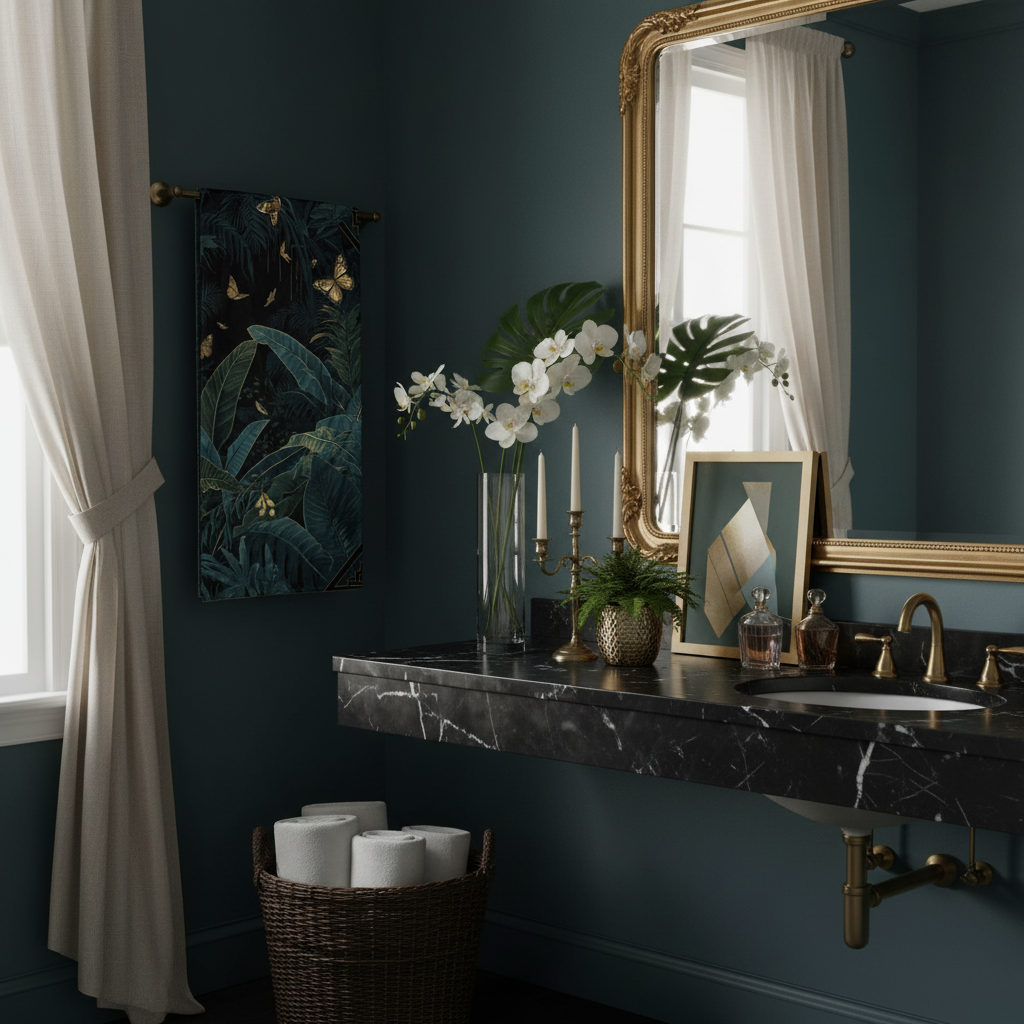Luxurious dark teal bathroom with midnight butterflies towel and glamorous decor