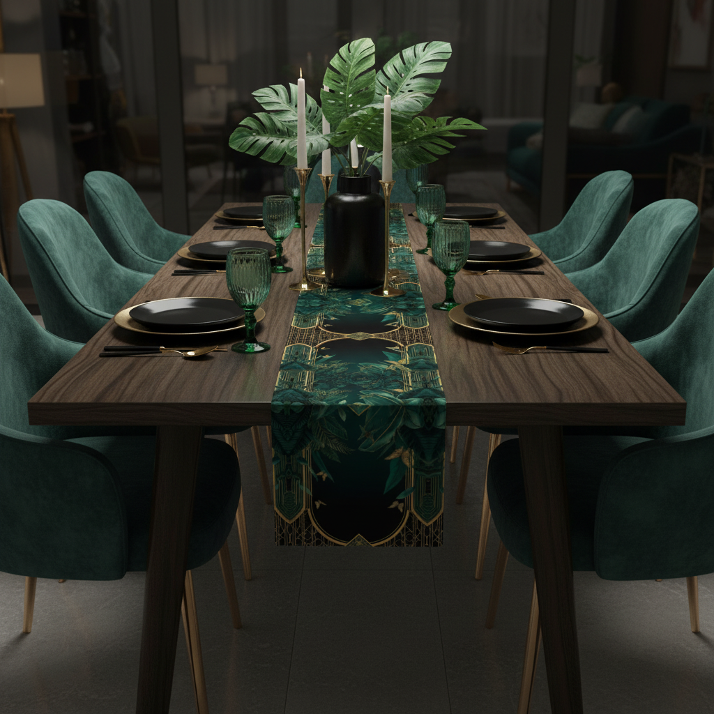 Luxurious dining with Emerald Plants runner repeating design